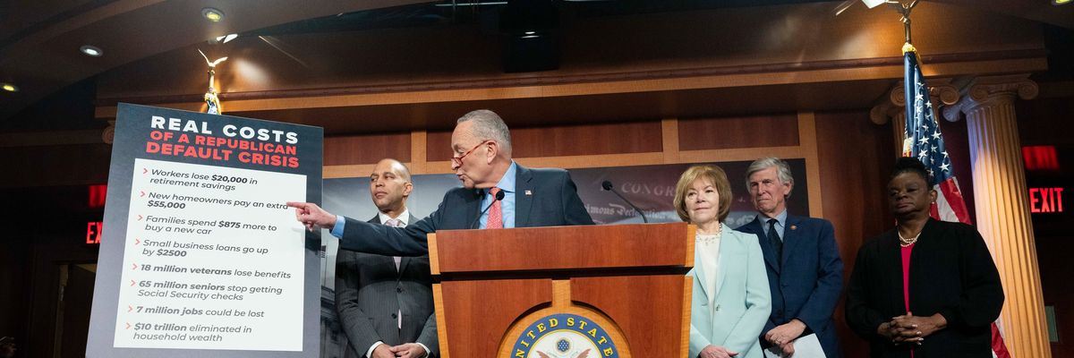 Senate Majority Leader Chuck Schumer (D-N.Y.) speaks during a news conference ​to unveil a Joint Economic Committee (JEC) Democratic staff report about the consequences of a U.S. default.