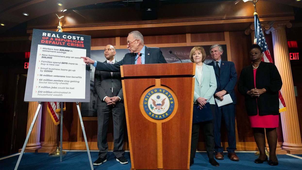 Senate Majority Leader Chuck Schumer (D-N.Y.) speaks during a news conference to unveil a Joint Economic Committee (JEC) Democratic staff report about the consequences of a U.S. default.