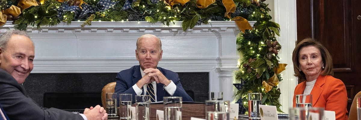 Senate Majority Leader Chuck Schumer, President Joe Biden, and House Speaker Nancy Pelosi meet at the White House