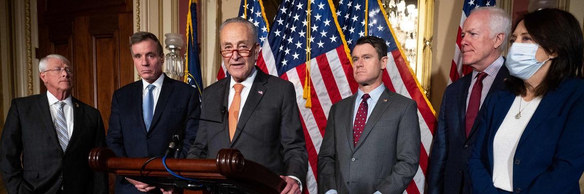 Senate Majority Leader Chuck Schumer speaks at a press conference