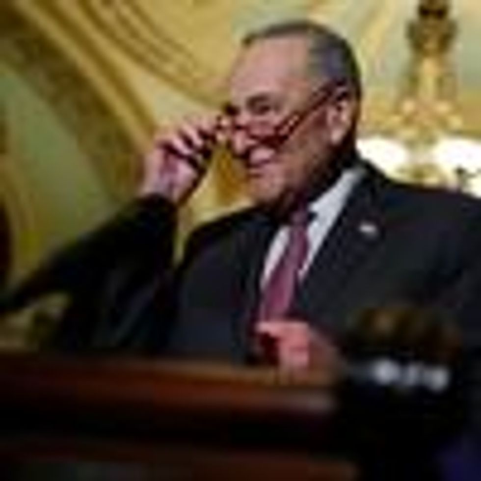 Senate Majority Leader Chuck Schumer speaks to reporters