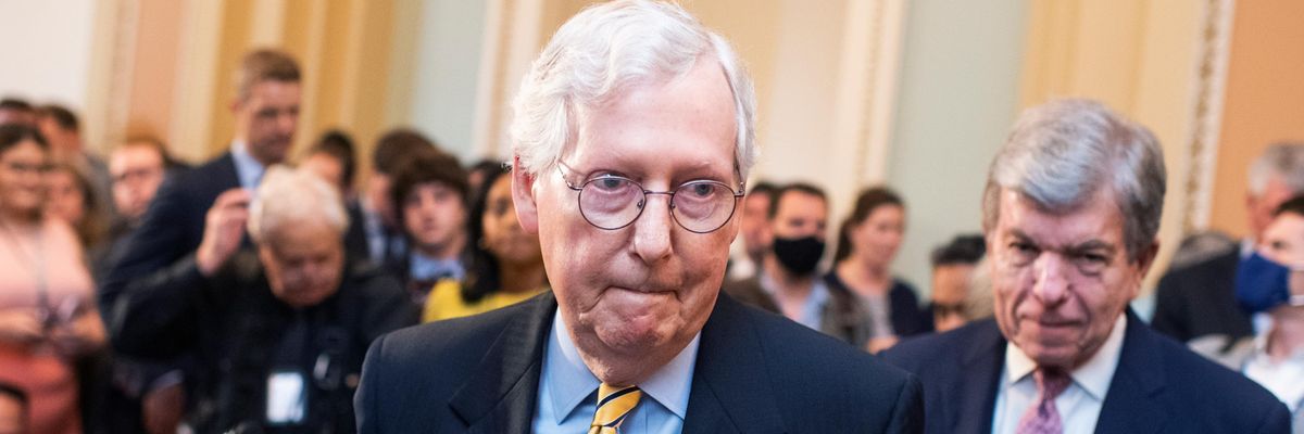 Senate Minority Leader Mitch McConnell and Sen. Roy Blunt leave a news conference