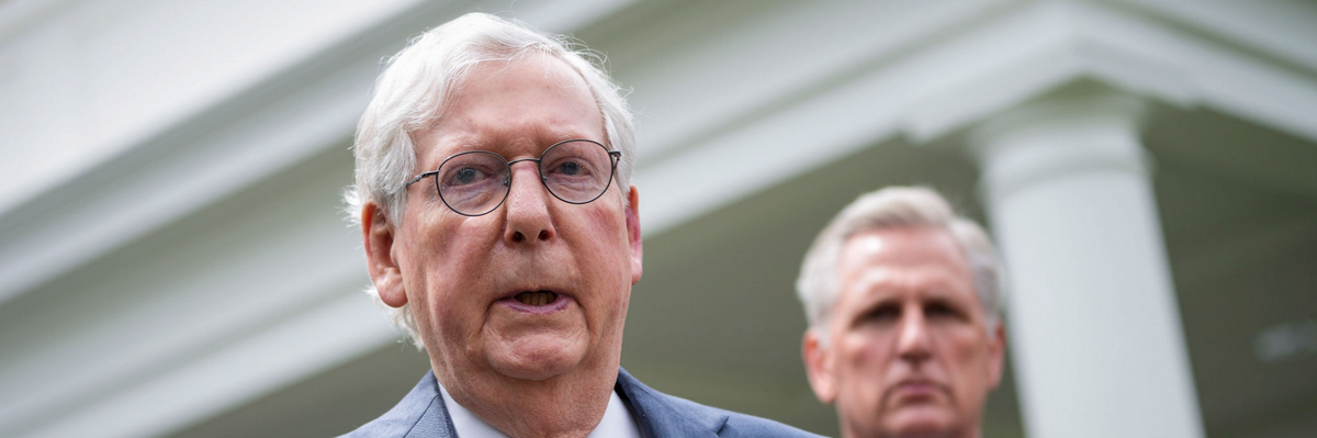 Senate Minority Leader Mitch McConnell (R-KY) and House Minority Leader Kevin McCarthy (R-CA) address reporters outside the White House after their Oval Office meeting with President Joe Biden on May 12, 2021 in Washington, DC.