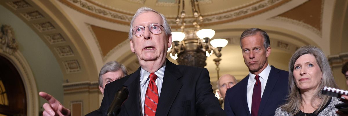 Senate Minority Leader Mitch McConnell speaks at a press conference