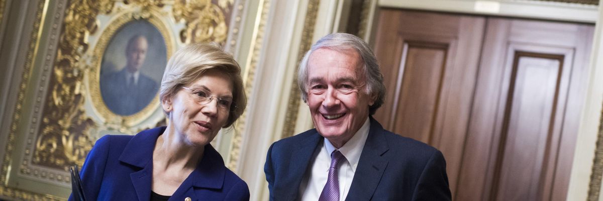 Sens. Ed Markey, D-Mass., and Elizabeth Warren, D-Mass., leave the Senate Policy luncheons in the Capitol on Tuesday, April 2, 2019