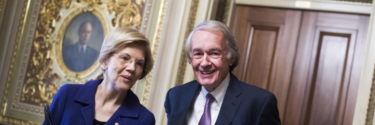 Sens. Ed Markey, D-Mass., and Elizabeth Warren, D-Mass., leave the Senate Policy luncheons in the Capitol on Tuesday, April 2, 2019