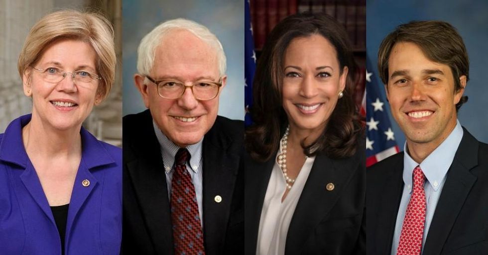 Sens. Elizabeth Warren (D-Mass.), Bernie Sanders (I-Vt.), and Kamala Harris (D-Calif.)--as well as former Rep. Beto O'Rourke (D-Texas)--appear to be the top targets for 2020 misinformation on social media platforms. (Photos: U.S. Congress official portraits)