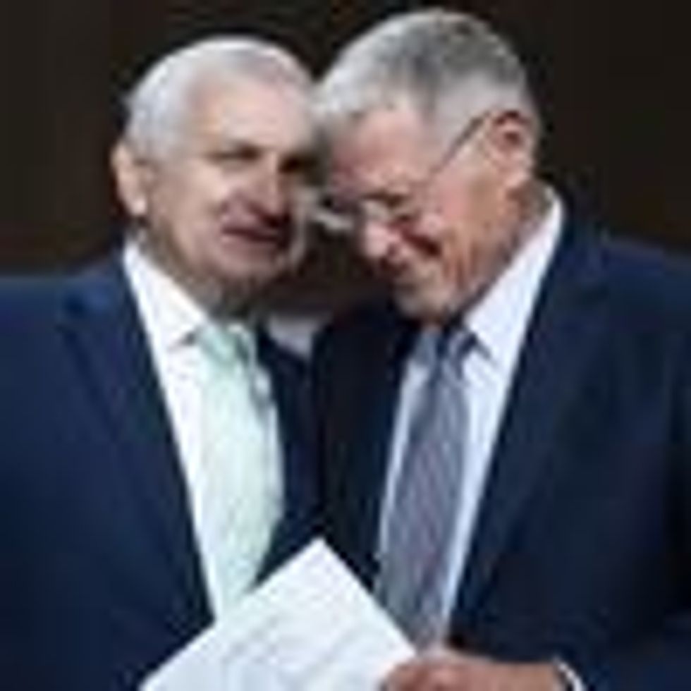 Sens. Jack Reed (D-R.I.), left, and Jim Inhofe (R-Okla.) arrive for a Senate Armed Services Committee hearing on June 15, 2021 in Washington, D.C.