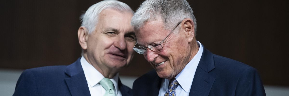 Sens. Jack Reed (D-R.I.), left, and Jim Inhofe (R-Okla.) arrive for a Senate Armed Services Committee hearing on June 15, 2021 in Washington, D.C.