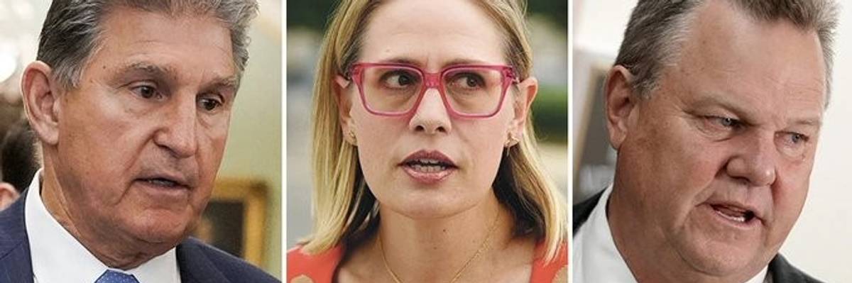 Sens. Joe Manchin (D-W.Va.), Kyrsten Sinema (I-Ariz.), and Jon Tester (D-Mont.) joined Senate Republicans in voting to take away student debt relief on June 1, 2023.