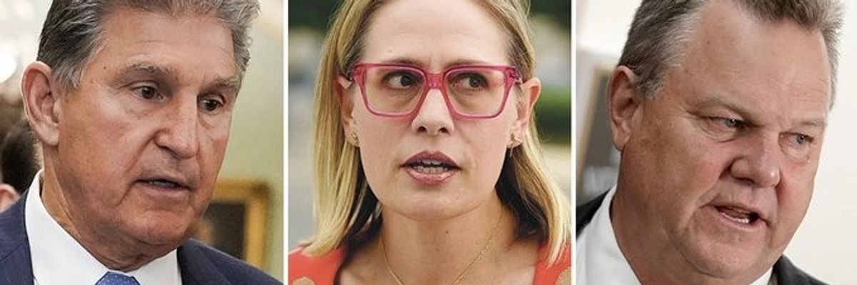 Sens. Joe Manchin (D-W.Va.), Kyrsten Sinema (I-Ariz.), and Jon Tester (D-Mont.) joined Senate Republicans in voting to take away student debt relief on June 1, 2023.