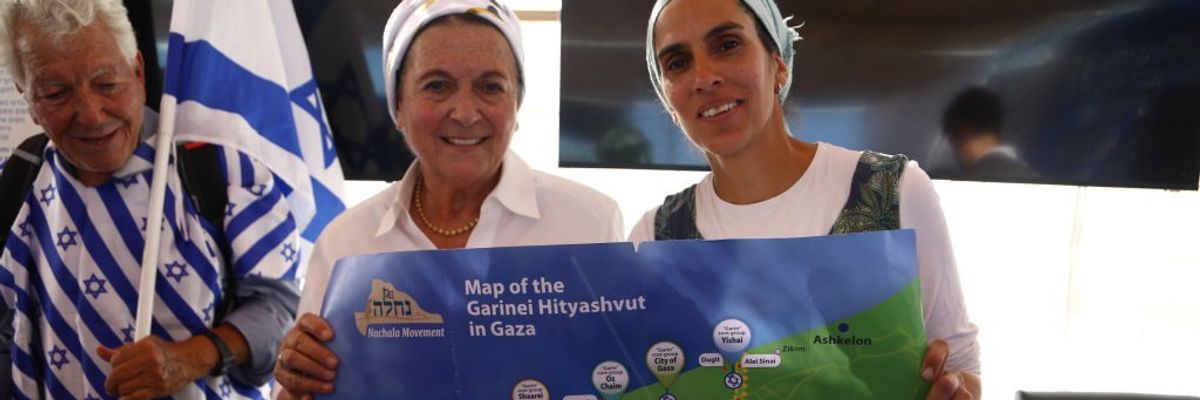 Settler leaders hold up a map of Gaza recolonized by Israel