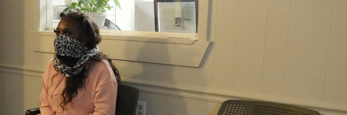 Shayla, who has made the five-hour drive from Texas to Louisiana twice, sits in the waiting room of the Hope Medical Group for Women in Shreveport, Louisiana on April 19, 2022.