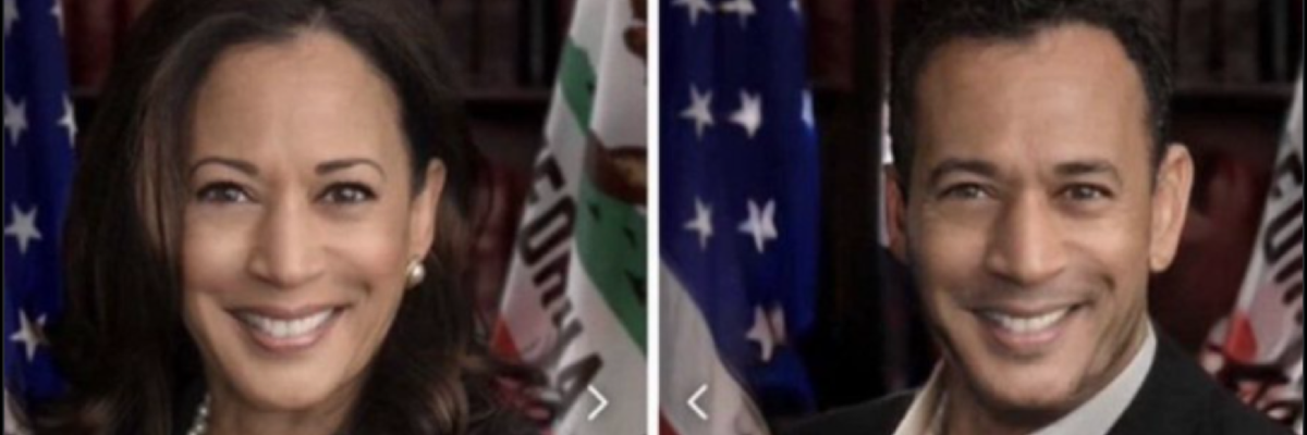 Side-by-side images of Kamala Harris and Kamal Aroush