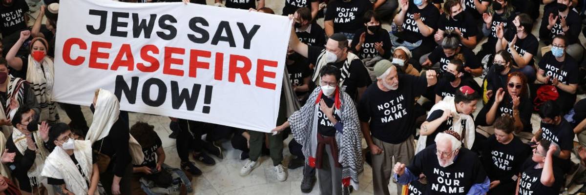 Sign during Capitol rotunda protest says "Jews Say Ceasefire Now"