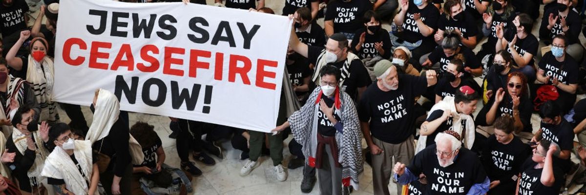 Sign during Capitol rotunda protest says "Jews Say Ceasefire Now"