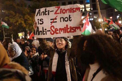 Sign says "Anti-Zionism is Not Anti-Semitism."