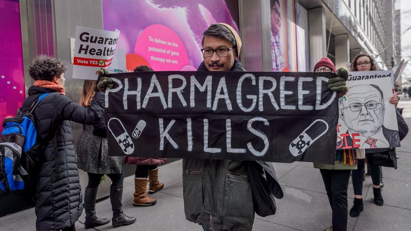 Sign says: "Pharma greed kills"