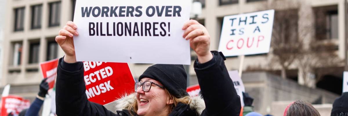 Sign says "Workers Over Billionaires" | Protest Outside Department Of Labor
