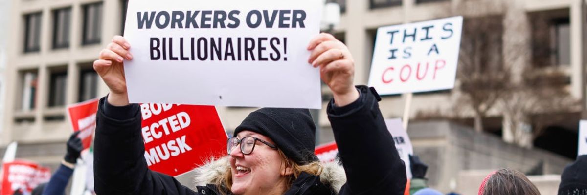 Sign says "Workers Over Billionaires" | Protest Outside Department Of Labor