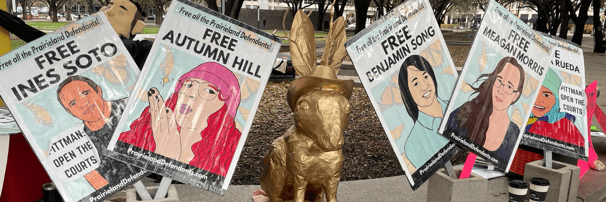 Signs call for the release of the Prairieland Detention Center protesters