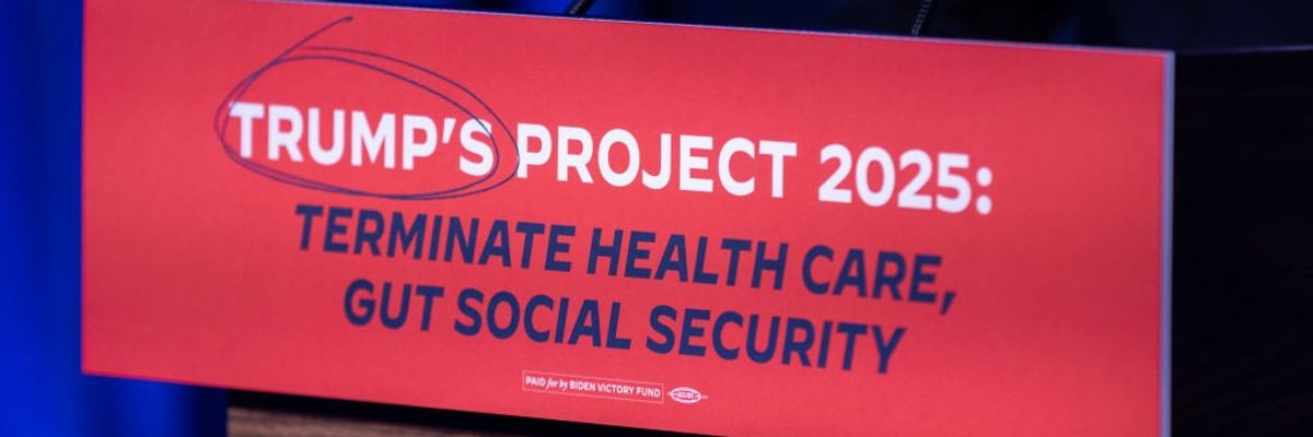 Signs says: "Trump's Project 2025: Terminate Healthcare, Gut Social Security"
