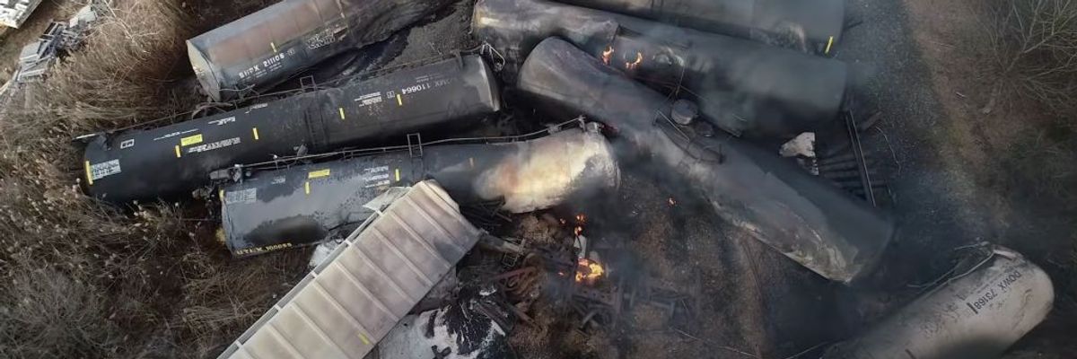site of a derailed freight train in East Palestine, Ohio