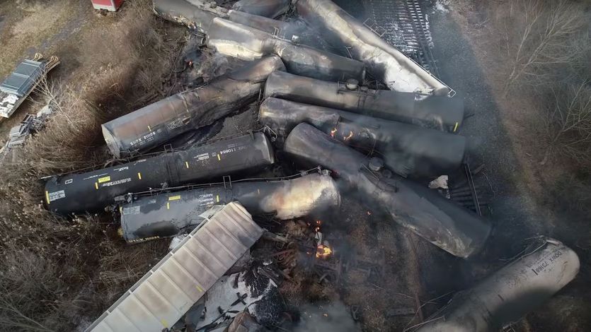 site of a derailed freight train in East Palestine, Ohio