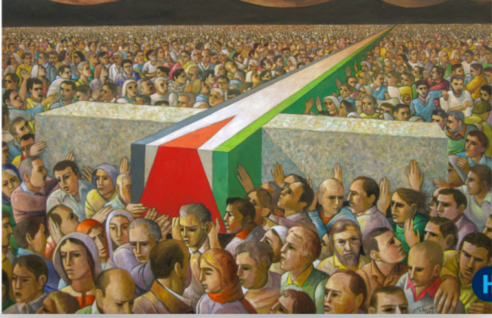 Sliman Mansour painting of Palestinians carrying a cross of the Occupation 