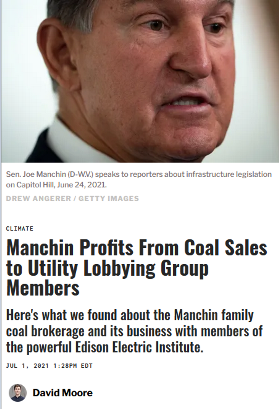 Sludge: Manchin Profits From Coal Sales to Utility Lobbying Group Members