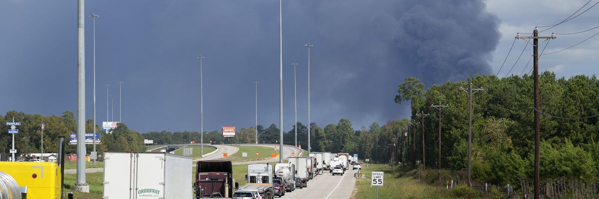Smoke billows from a fire at a plant in San Jacinto County