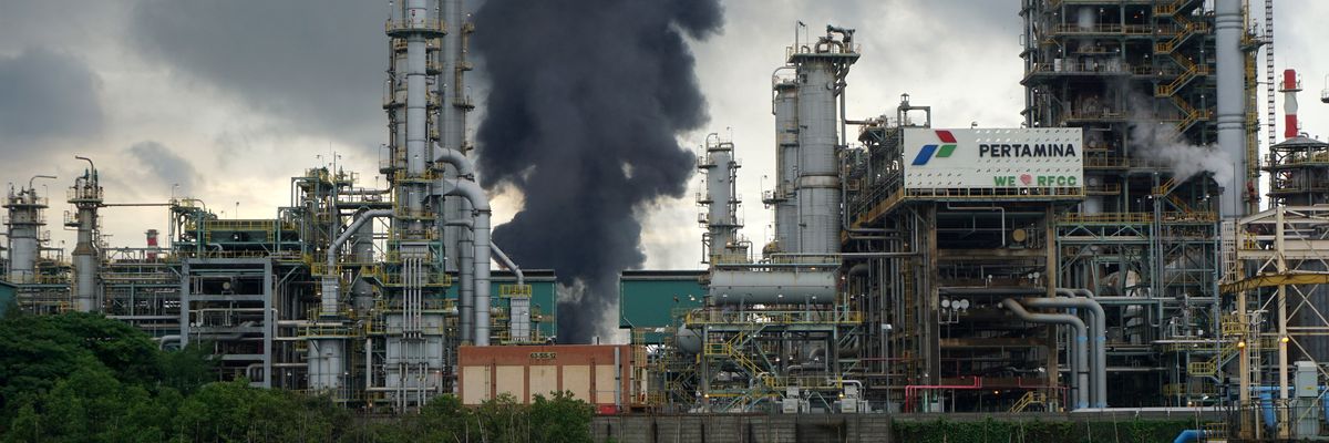 Smoke rises due to a fire at a Pertamina refinery in Cilacap, Indonesia