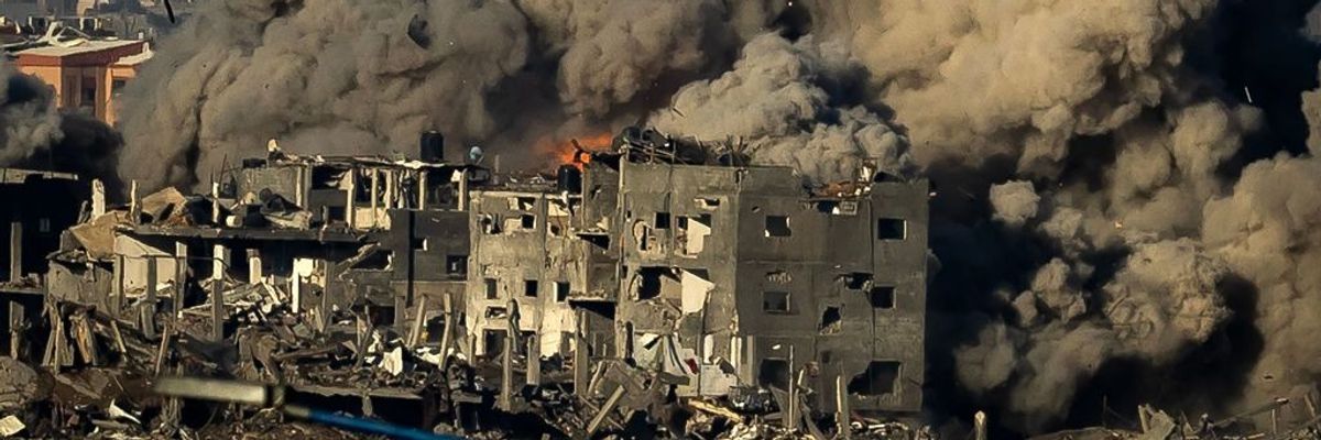 Smoke rises during an Israeli military bombardment of the northern Gaza Strip on November 15, 2023