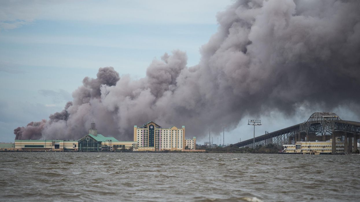 Smoke rises from a burning chemical plant after the passing of Hurricane Laura in Lake Charles, Louisiana on August 27, 2020.