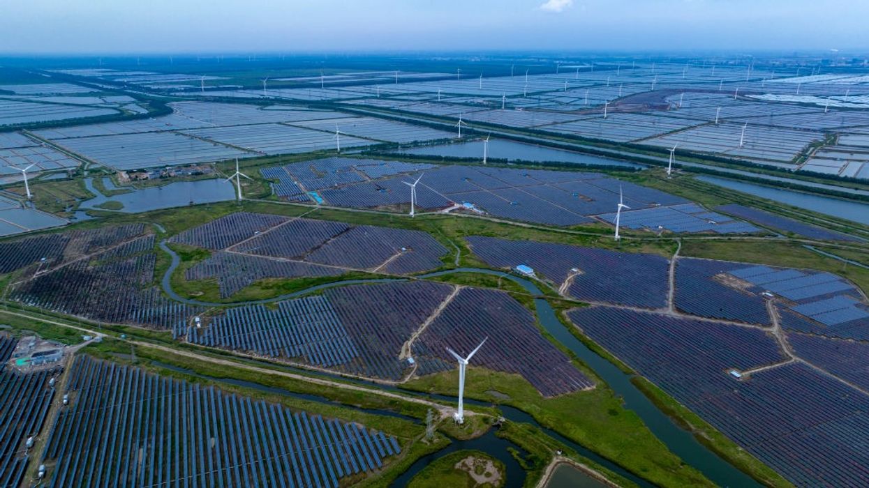 Solar farm and wind mills.
