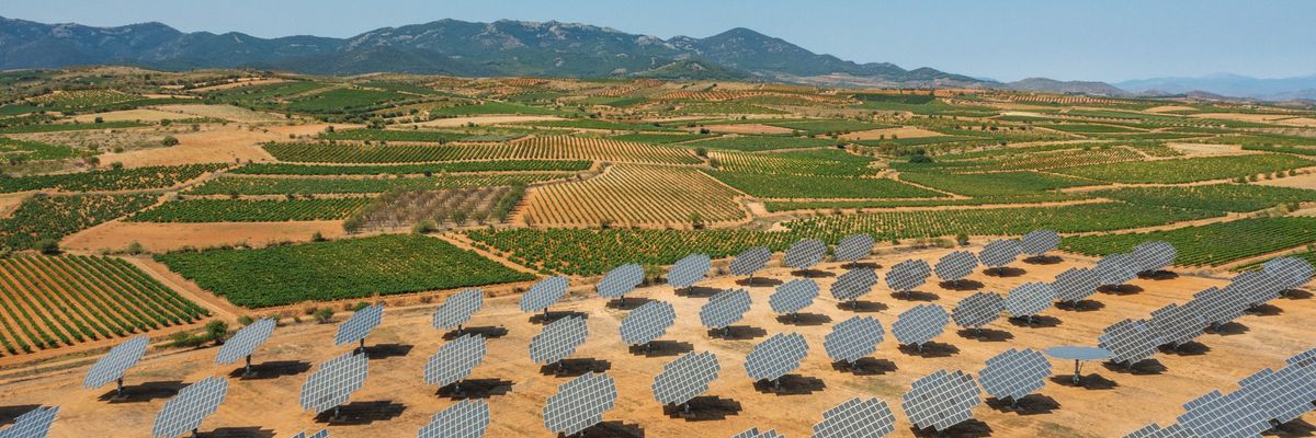 Solar panels are installed near vineyards in Spain.