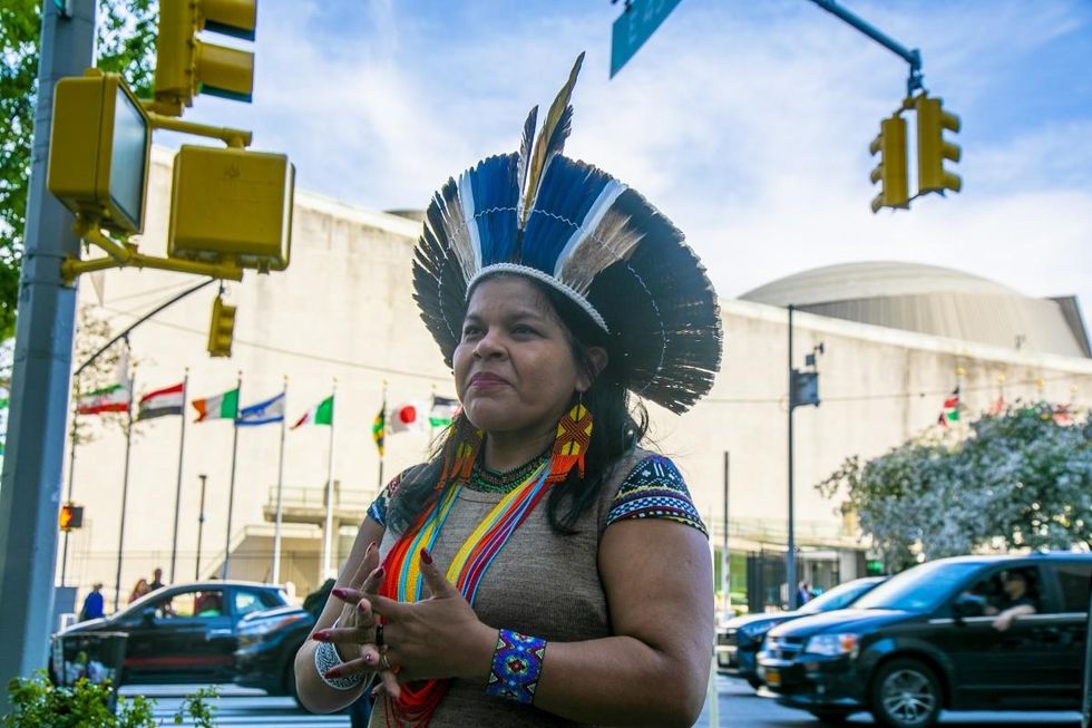 Sonia Bone Guajajara outside of the United Nations in New York City. Guajajara travelled to New York for the UN Permanent Forum on Indigenous Issues as part of a WECAN International delegation to advocate for Indigenous rights and protection of the Amazon rainforest. (Photo: Teena Pugliese/WECAN International)