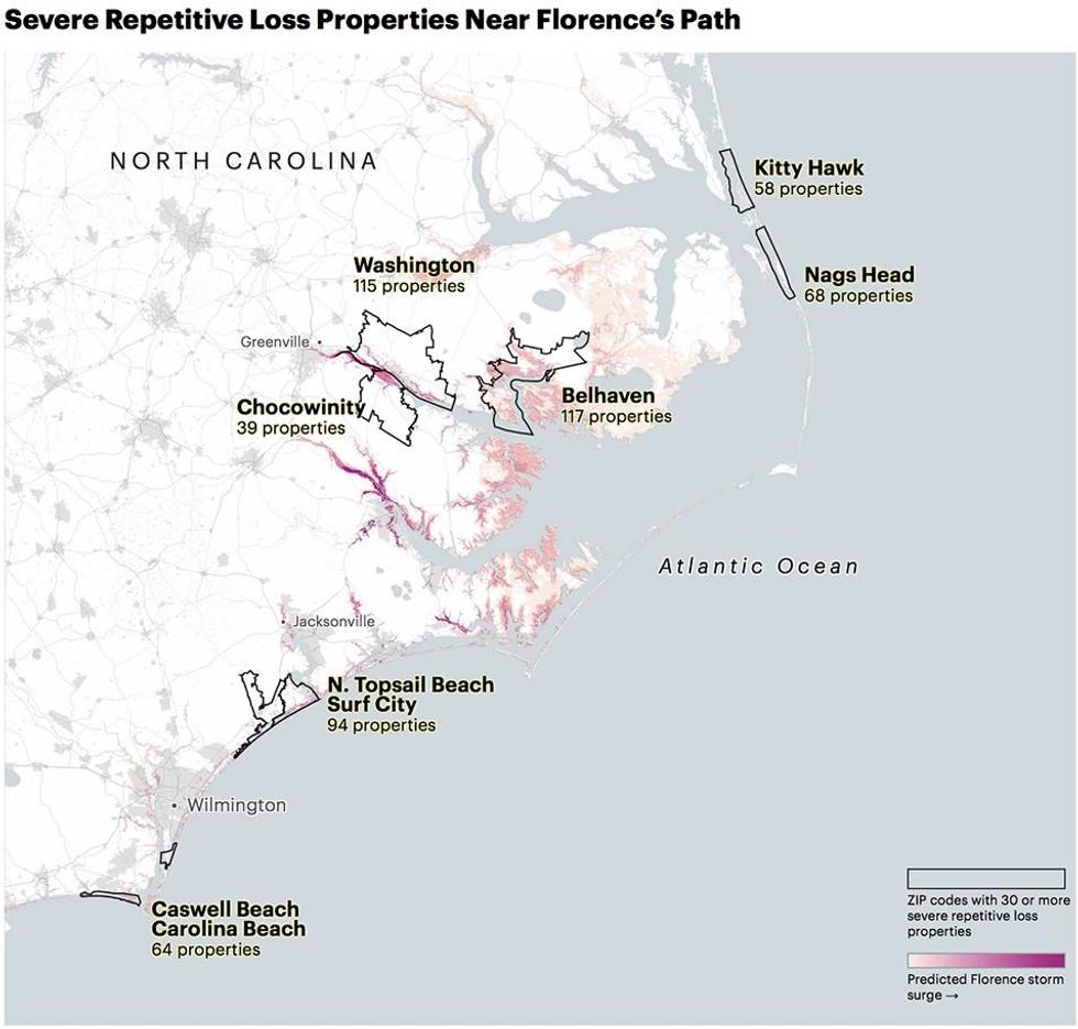Source: Flood insurance data provided by the Natural Resources Defense Council via FEMA. Data is current through May 2018. Storm surge data: National Hurricane Center. Note: The highlighted ZIP codes may include more communities than the ones listed. (Al Shaw/ProPublica)