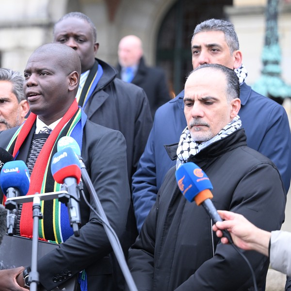 South African Justice Minister Ronald Lamola speaks at a press conference outside the ICJ.