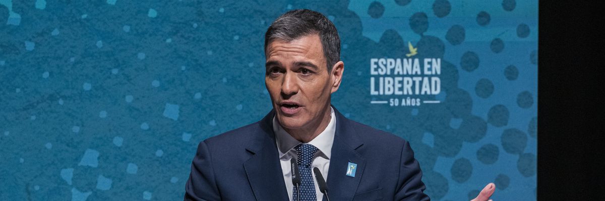 Spanish Prime Minister Pedro Sanchez gives the inaugural speech during the opening event of the "España en Libertad"