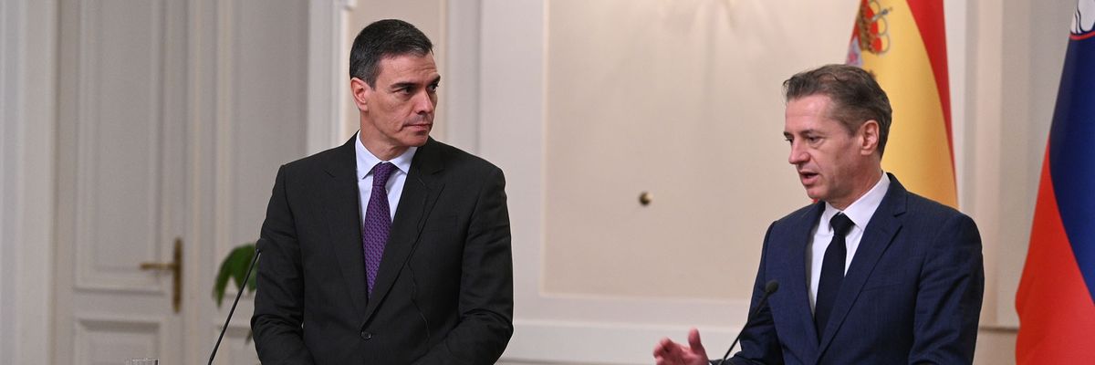 Spanish Prime Minister Pedro Sanchez (L), and the prime minister of Slovenia, Robert Golob (R), speak at a press conference