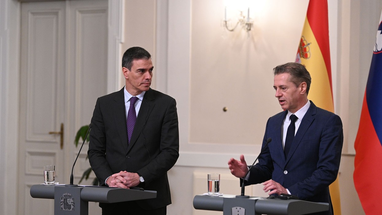 Spanish Prime Minister Pedro Sanchez (L), and the prime minister of Slovenia, Robert Golob (R), speak at a press conference