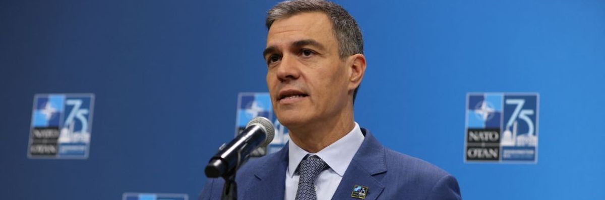 Spanish Prime Minister Pedro Sánchez speaks during the NATO Public Forum