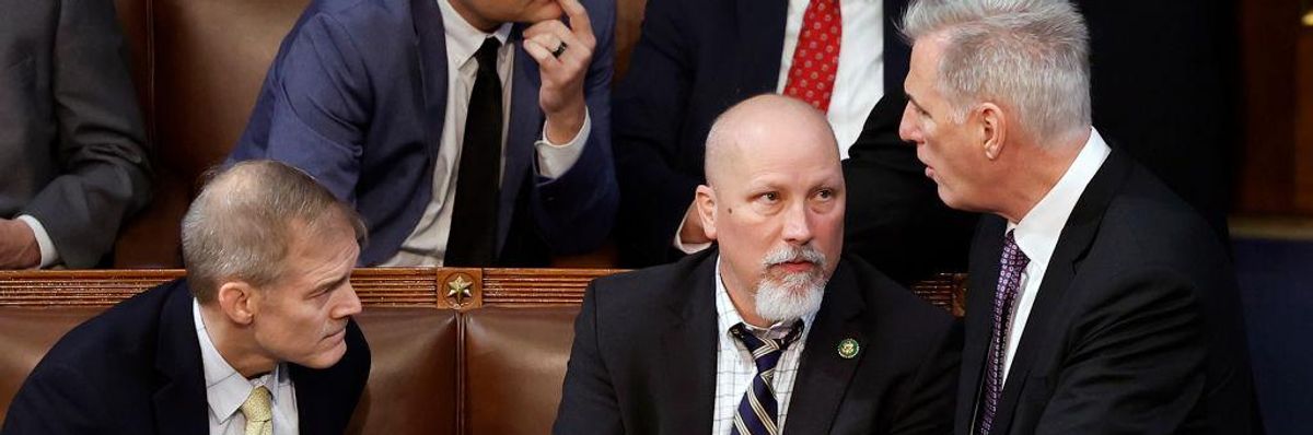 Speaker of the House Kevin McCarthy (R-CA) (R) talks to Reps. Chip Roy (R-TX) (C) and Jim Jordan (R-OH)