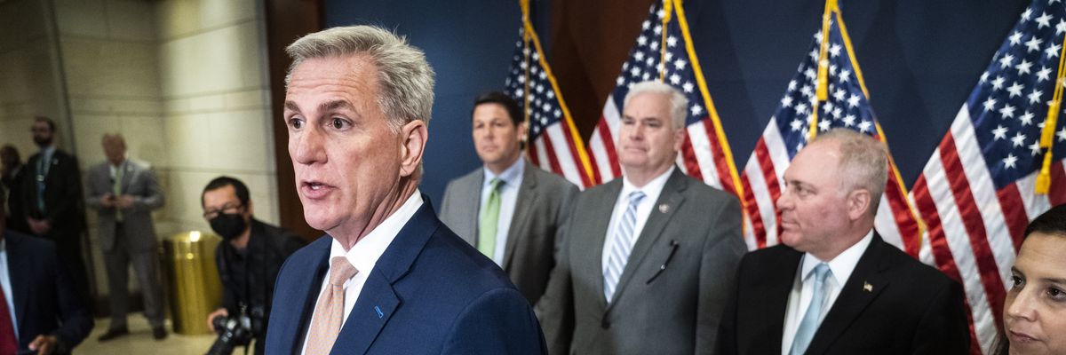 Speaker of the House Kevin McCarthy (R-Calif.) and GOP leaders speak to reporters