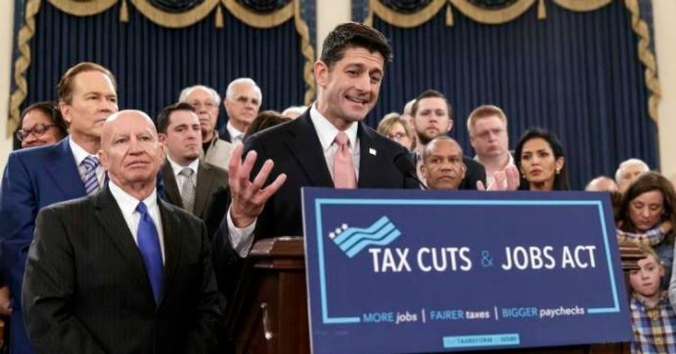 Speaker of the House Paul Ryan (R-Wis.), joined at left by House Ways and Means Committee Chairman Kevin Brady (R-Texas), discusses GOP tax law on Capitol Hill. (Photo: J. Scott Applewhite/AP)
