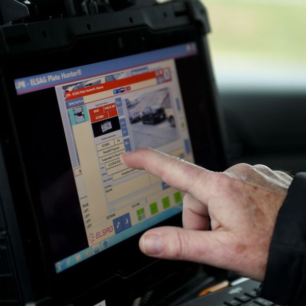 Spring Township Police Chief Bryan D. Ross shows how the license plate scanners work through the screen inside the car.  The Spring Township Police Department is starting to use license plate scanners.  Photo by Lauren A. Little  1/16/2019