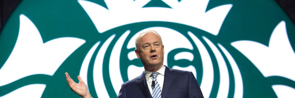 Starbucks CEO Kevin Johnson speaks to shareholders