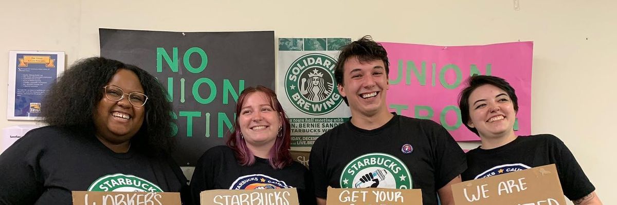 Starbucks workers in California celebrate after voting to unionize
