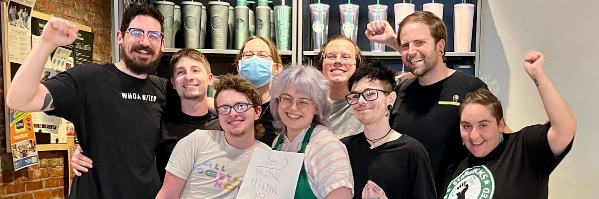 Starbucks workers in Pittsburgh celebrate